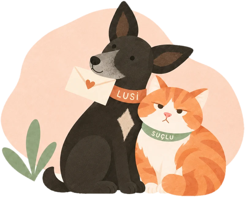 Lusi Doog'un karakterleri Lusi ve Suçlu, e-bülten abonelik alanında kalpli bir mektupla birlikte.