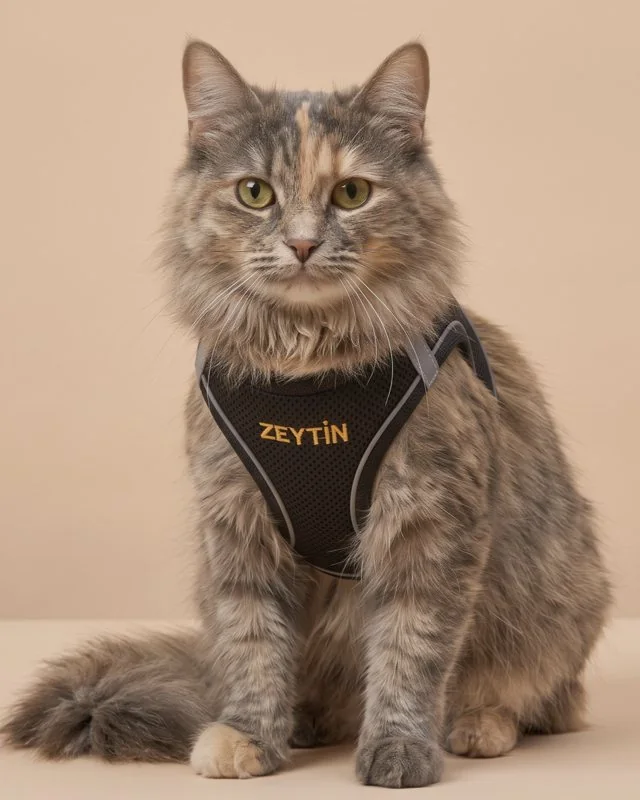 ZEYTİN yazan siyah kedi gezdirme tasması takmış tekir kedi