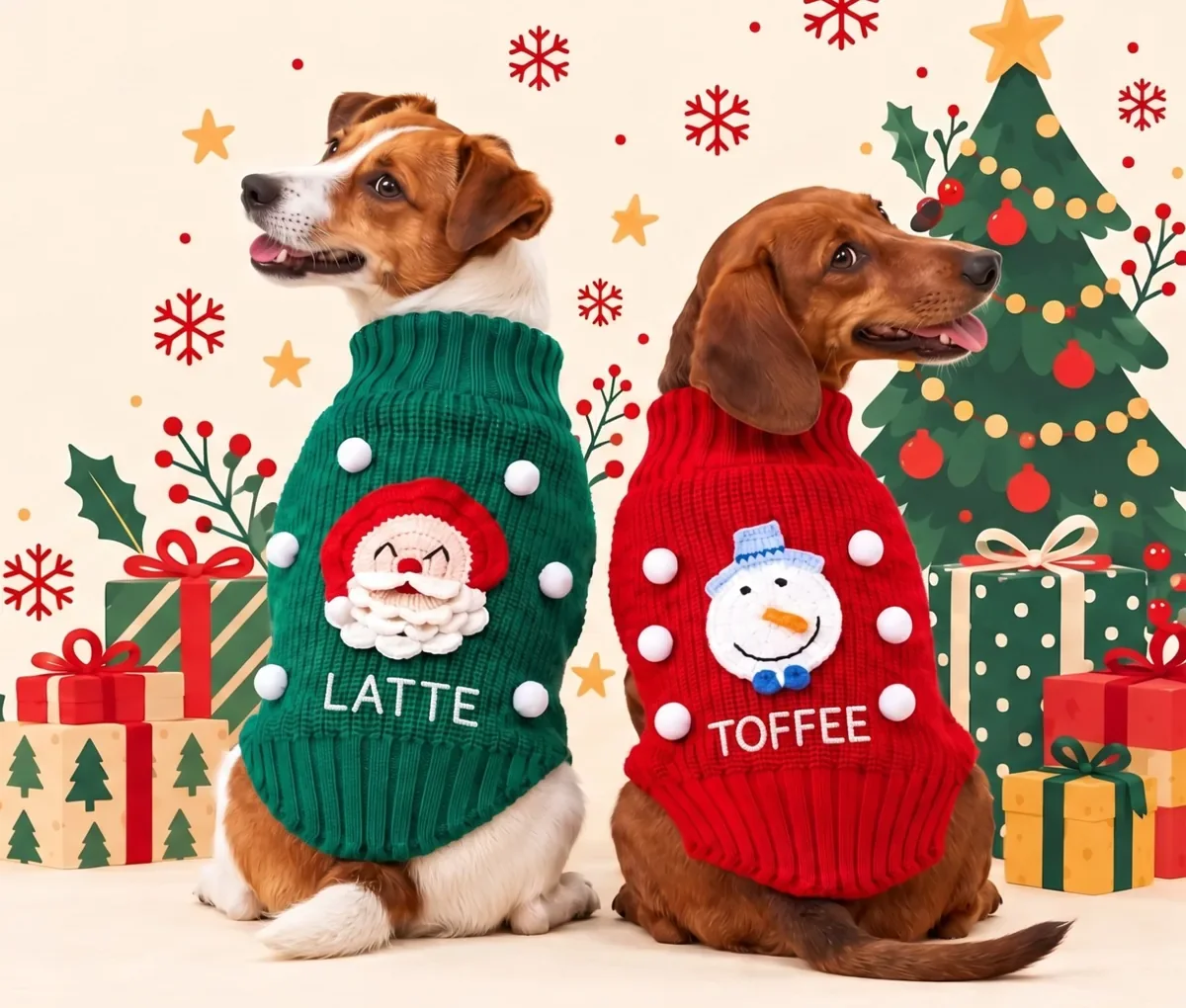 Yılbaşı koleksiyonundan isimli Noel Baba ve kardan adam kazağı giymiş iki köpek