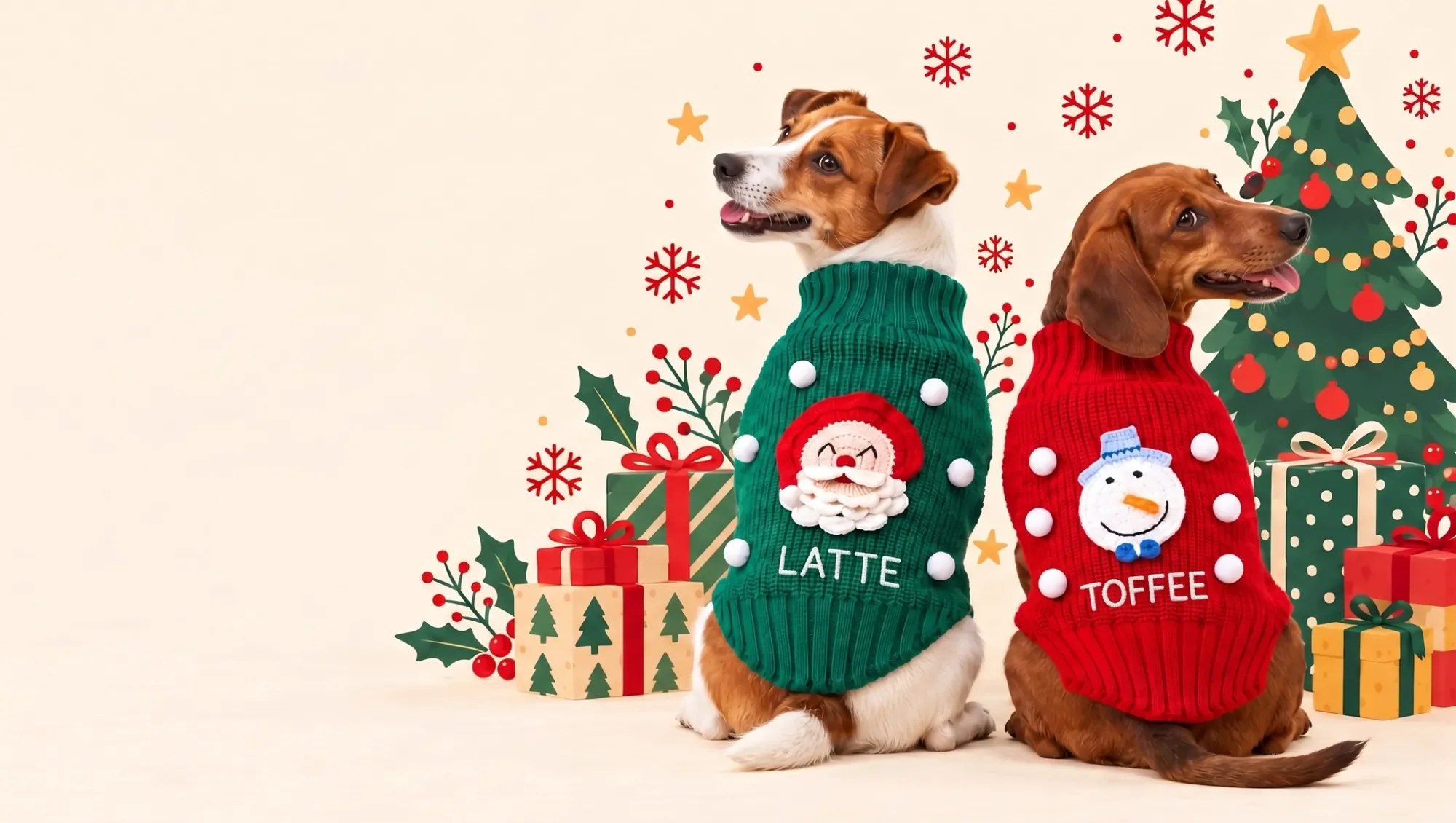Yılbaşı koleksiyonundan isimli Noel Baba ve kardan adam kazağı giymiş iki köpek